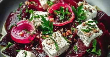 Rote Bete Salat mit Feta-Käse auf einem Teller angerichtet