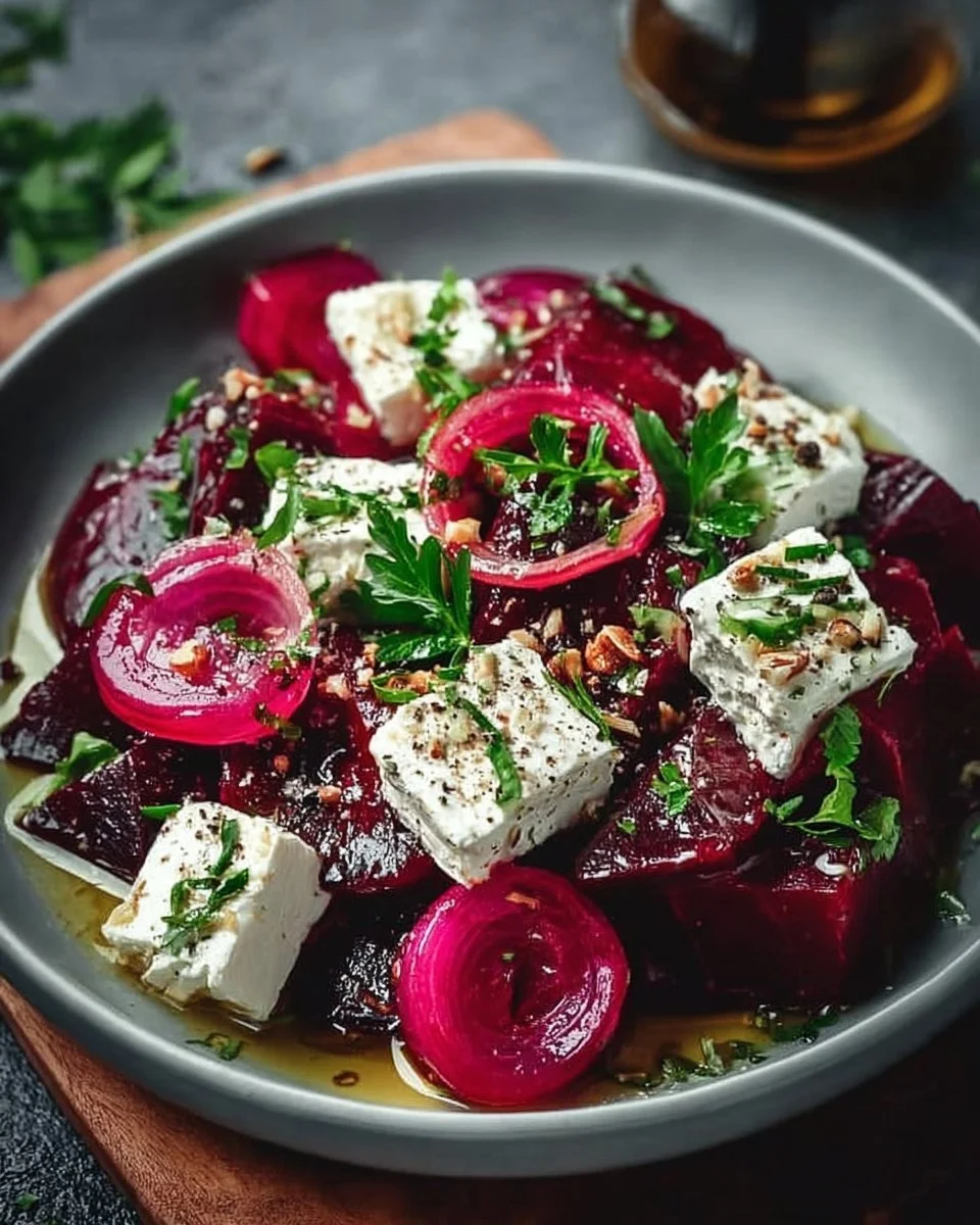 Rote Bete Salat mit Feta-Käse auf einem Teller angerichtet