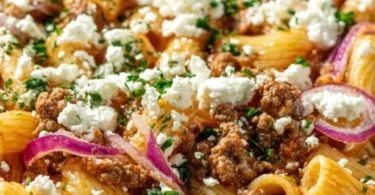 Schnelle Nudel-Hackfleisch-Pfanne mit Feta in einer Pfanne