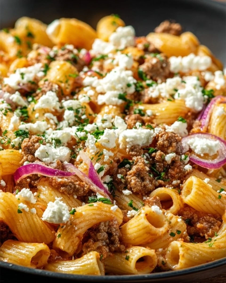 Schnelle Nudel-Hackfleisch-Pfanne mit Feta in einer Pfanne