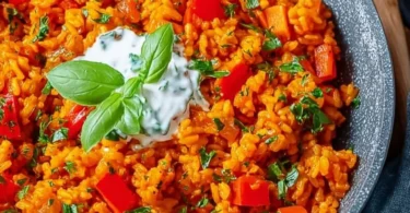 Schnelle Paprika-Reis-Pfanne mit frischen Paprika und Joghurtsoße