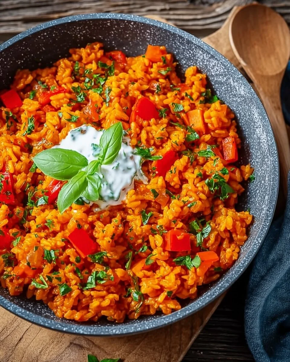 Schnelle Paprika-Reis-Pfanne mit frischen Paprika und Joghurtsoße