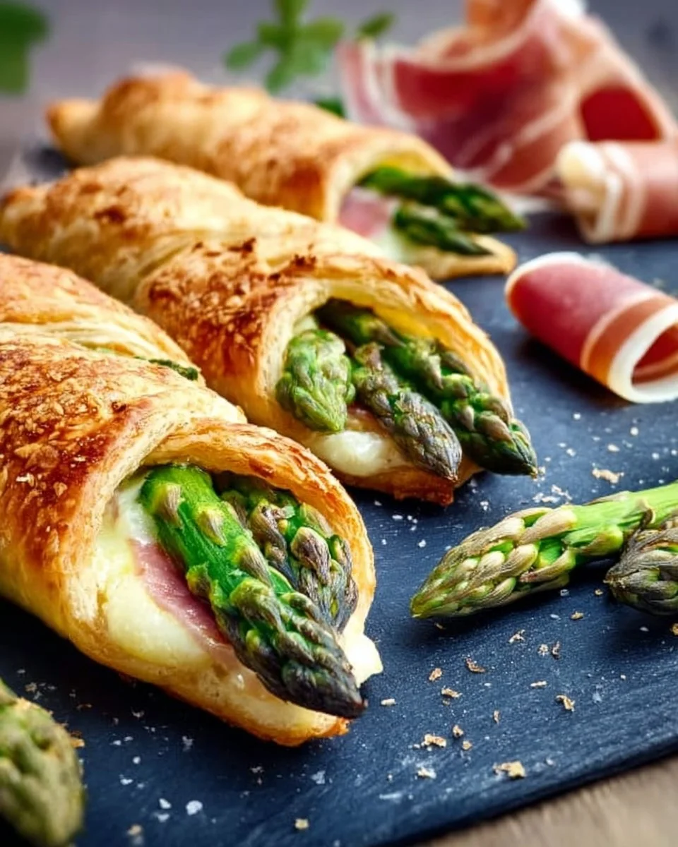 Leckere Spargel-Blätterteig-Taschen auf einem weißen Teller serviert