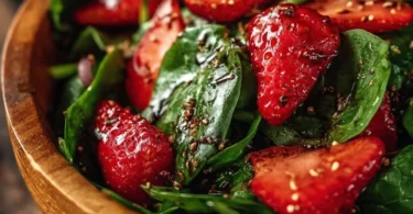 Spinat- und Erdbeersalat mit Balsamico-Dressing auf einem Teller