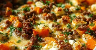 Süßkartoffel-Auflauf mit Hackfleisch und Feta auf einem Teller serviert