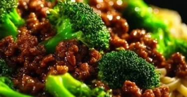 Leckere Teriyaki-Hackfleisch-Pfanne mit Gemüse und Reis serviert.