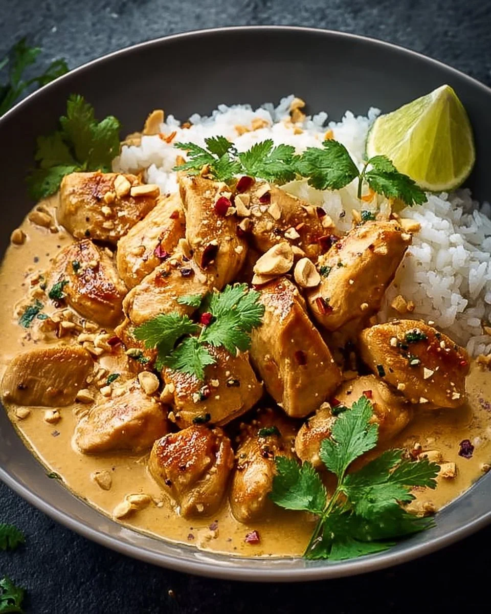 Thailändisches Erdnuss-Hühnchen mit Erdnussoße und frischem Gemüse