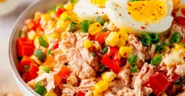Thunfisch-Salat mit Eiern, Mais und Paprika in einer Schüssel