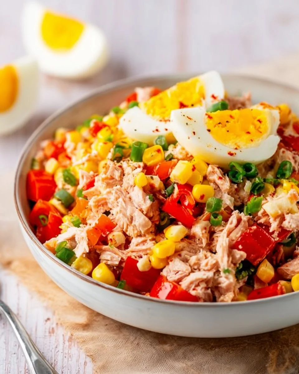 Thunfisch-Salat mit Eiern, Mais und Paprika in einer Schüssel