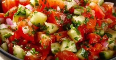 Frischer Tomaten Gurken Salat mit Zutaten und Dressing