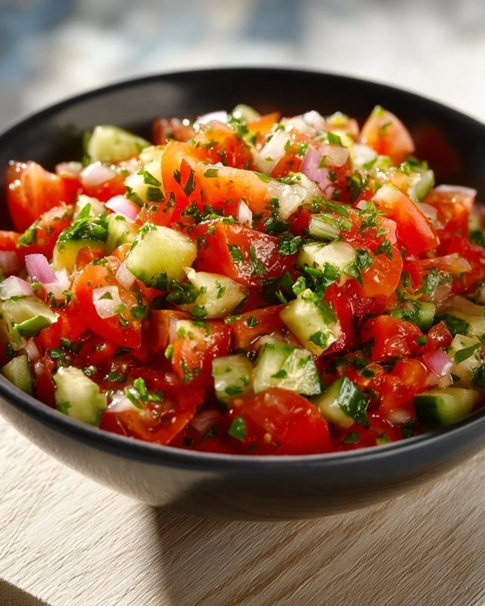 Frischer Tomaten Gurken Salat mit Zutaten und Dressing