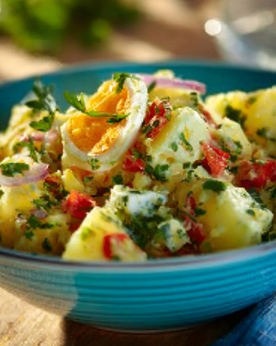Ein köstlicher Türkischer Kartoffelsalat mit frischen Zutaten und Gewürzen.