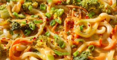 Udon-Nudeln mit Erdnusssauce und frischem Gemüse auf einem Teller