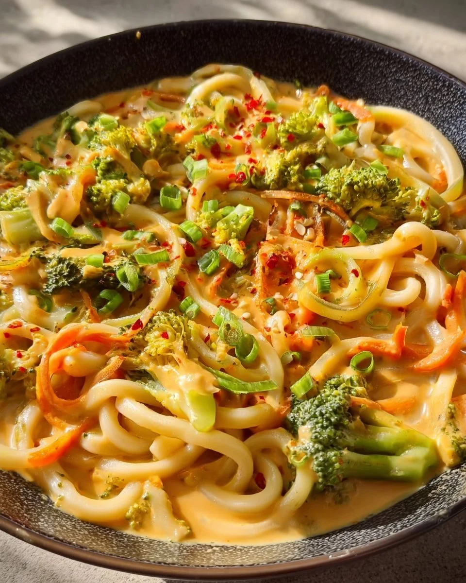 Udon-Nudeln mit Erdnusssauce und frischem Gemüse auf einem Teller