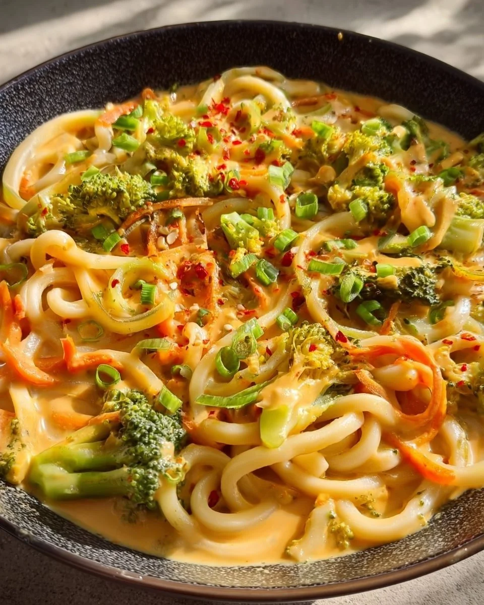 Udon noodles with peanut sauce and vegetables