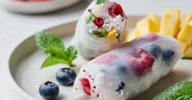 Vegane Sommerrollen mit Kokosreis auf einem weißen Teller serviert