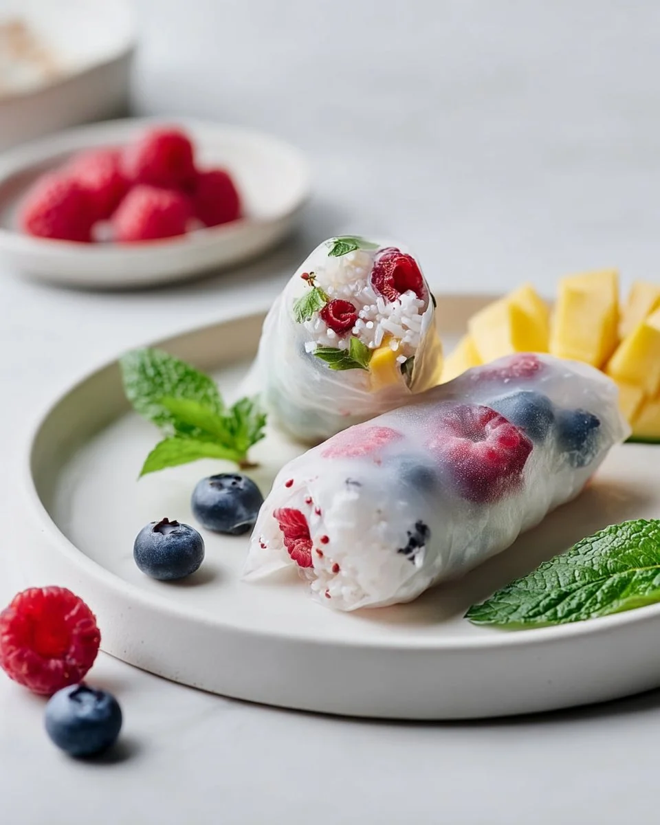 Vegane Sommerrollen mit Kokosreis auf einem weißen Teller serviert