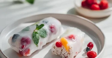 Vegane süße Sommerrollen gefüllt mit Kokosreis auf einem Teller serviert.