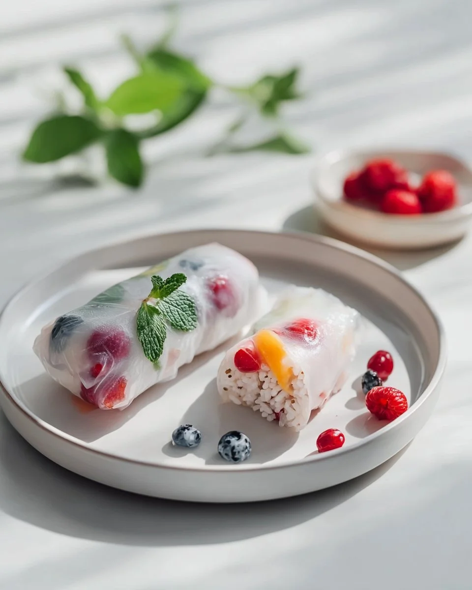Vegane süße Sommerrollen gefüllt mit Kokosreis auf einem Teller serviert.