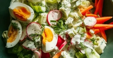 Vegetarischer Frühlingssalat mit frischem Gemüse und einer leichten Vinaigrette