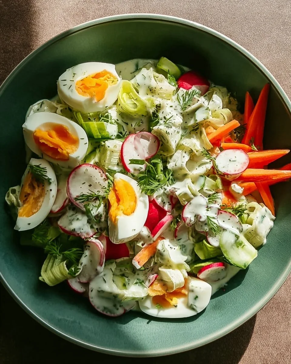 Vegetarischer Frühlingssalat mit frischem Gemüse und einer leichten Vinaigrette