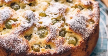 Versunkener Stachelbeerkuchen mit saftigen Stachelbeeren auf einem Teller