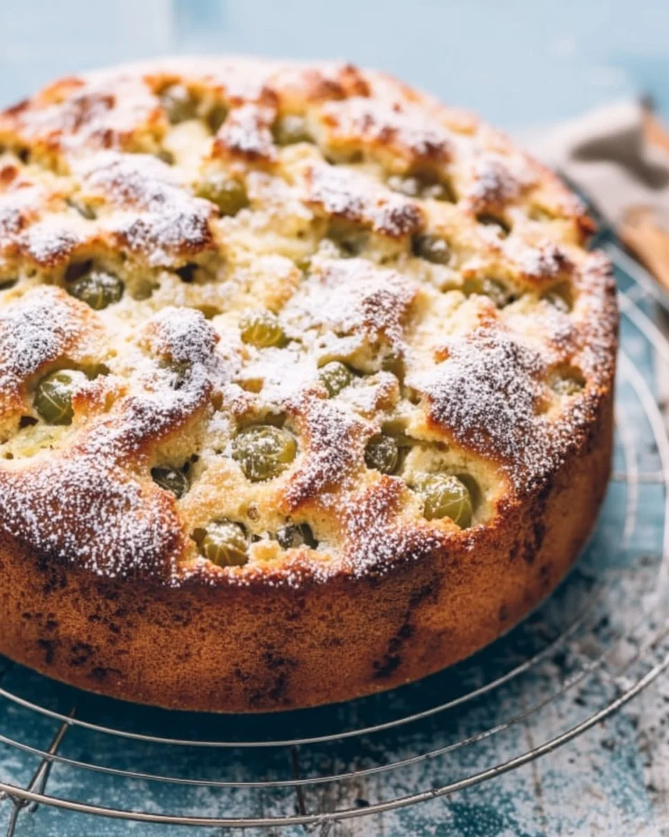 Versunkener Stachelbeerkuchen mit saftigen Stachelbeeren auf einem Teller