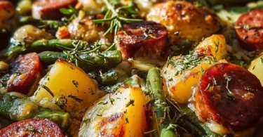 Wurst Bohne Kartoffel Auflauf frisch aus dem Ofen serviert.