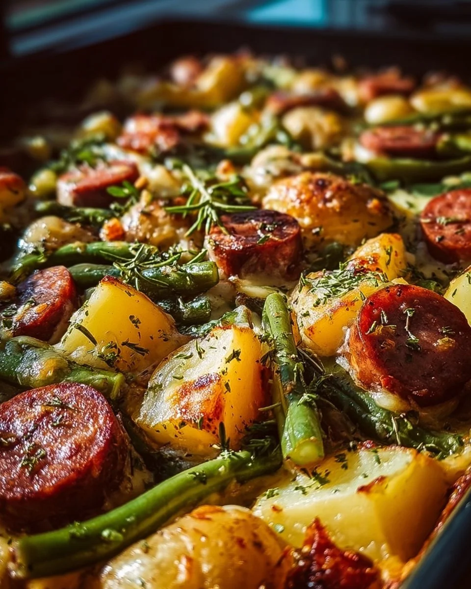 Wurst Bohne Kartoffel Auflauf frisch aus dem Ofen serviert.