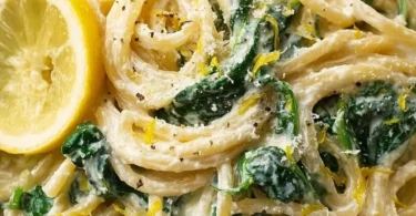 Zitronen-Ricotta-Pasta mit Spinat auf einem Teller serviert