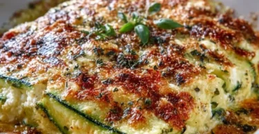 Zucchini-Hüttenkäse-Auflauf, serviert in einer schönen Auflaufform