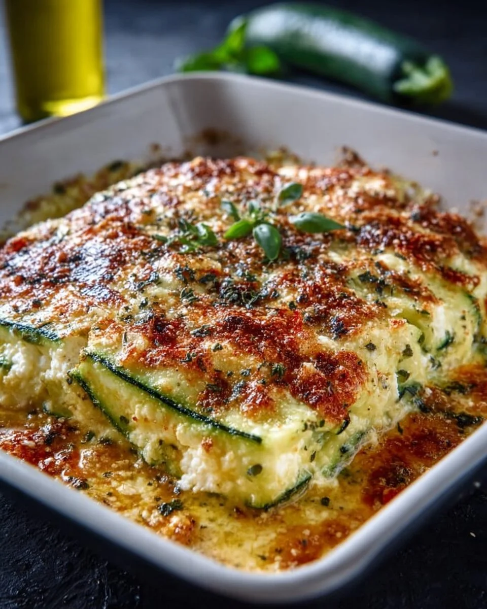 Zucchini-Hüttenkäse-Auflauf, serviert in einer schönen Auflaufform