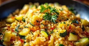 Gesunde Zucchini-Reis-Pfanne mit frischem Gemüse und Gewürzen
