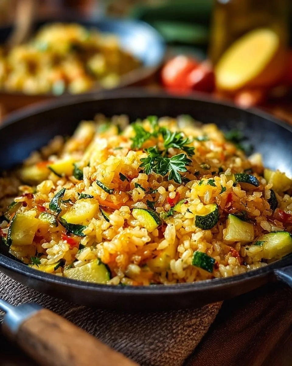 Gesunde Zucchini-Reis-Pfanne mit frischem Gemüse und Gewürzen