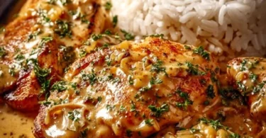 Zwiebel-Sahne-Hähnchen auf einem Teller, serviert mit frischem Gemüse.